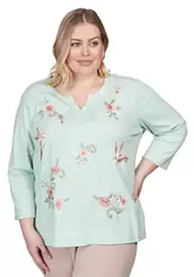 Alfred Dunner Plus Floral Hummingbird Embroidered Top