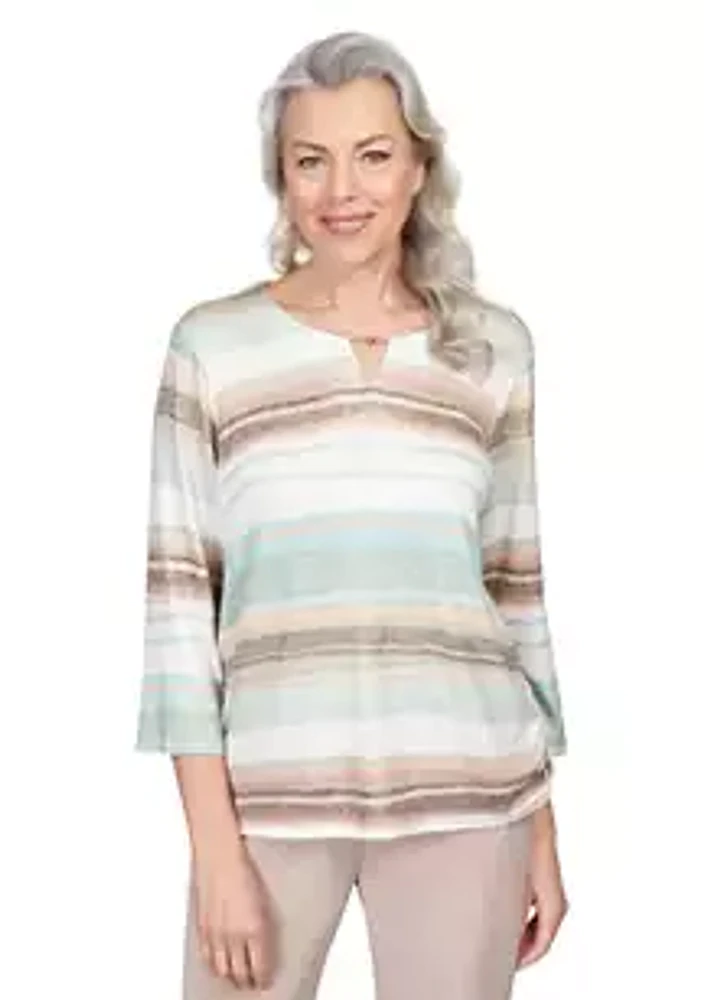 Alfred Dunner Petite St. Moritz Split Neck Watercolor Stripe Shimmer Top