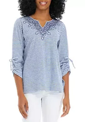 Alfred Dunner Women's 3/4 Sleeve Striped Embroidered Neck Top