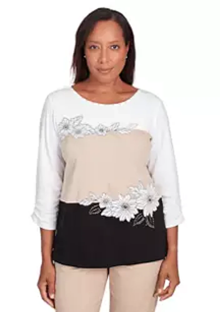 Alfred Dunner Women's Neutral Territory Color Blocked Floral Embroidery Top