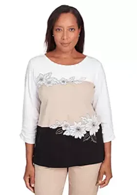 Alfred Dunner Women's Neutral Territory Color Blocked Floral Embroidery Top