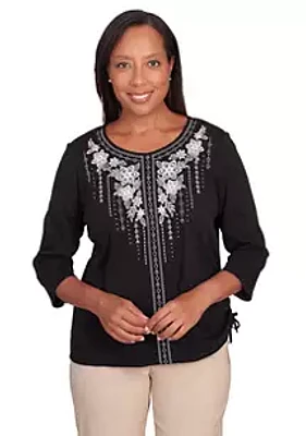 Alfred Dunner Women's Neutral Territory Embroidered Floral Yoke Top