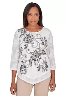Alfred Dunner Women's Neutral Territory Scroll Floral Jacquard Top