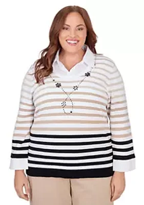 Alfred Dunner Plus Neutral Territory Stripe Top with Woven Trim