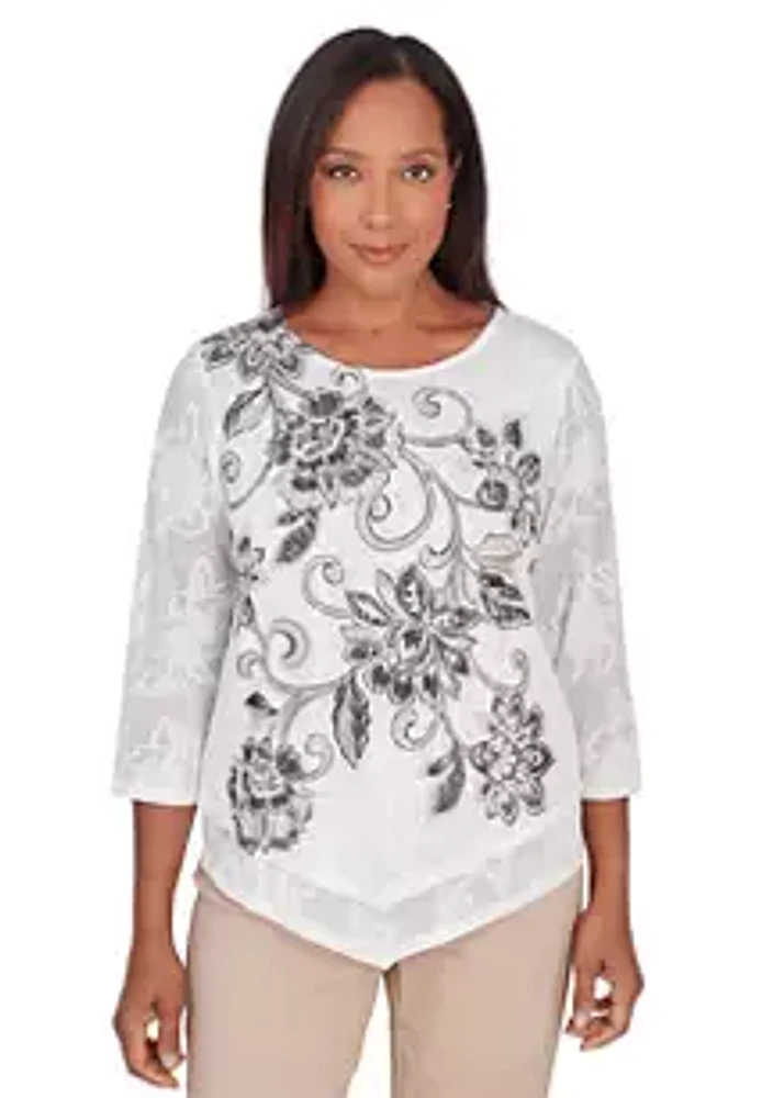 Alfred Dunner Petite Neutral Territory Scroll Floral Jacquard Top
