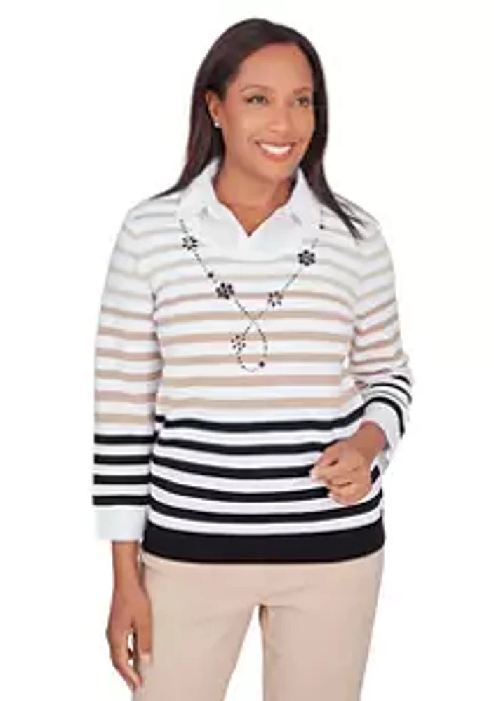 Alfred Dunner Petite Neutral Territory Stripe 2Fer Sweater with Woven Trim
