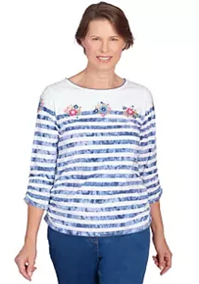 Alfred Dunner Women's Full Bloom Tie Dye Stripe Top with Flower Embroidery