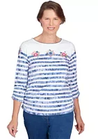 Alfred Dunner Women's Full Bloom Tie Dye Stripe Top with Flower Embroidery