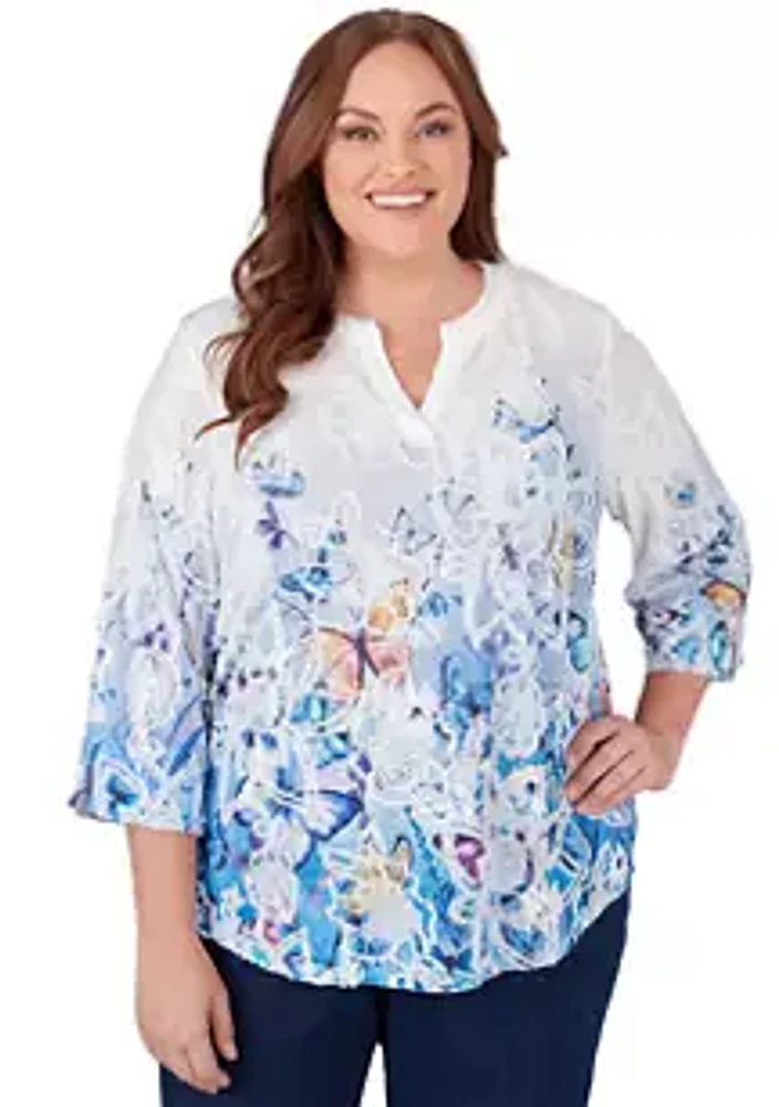 Alfred Dunner Plus Full Bloom Butterfly Border Jacquard Top