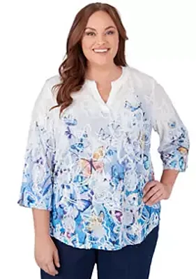 Alfred Dunner Plus Full Bloom Butterfly Border Jacquard Top