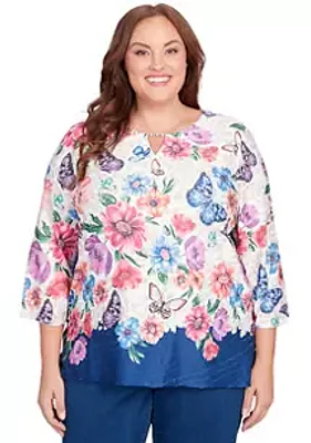 Alfred Dunner Plus Full Bloom Floral Butterfly Border Top