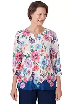 Alfred Dunner Petite Full Bloom Floral Butterfly Border Top