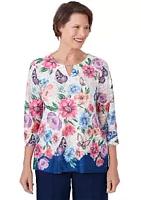 Alfred Dunner Petite Full Bloom Floral Butterfly Border Top