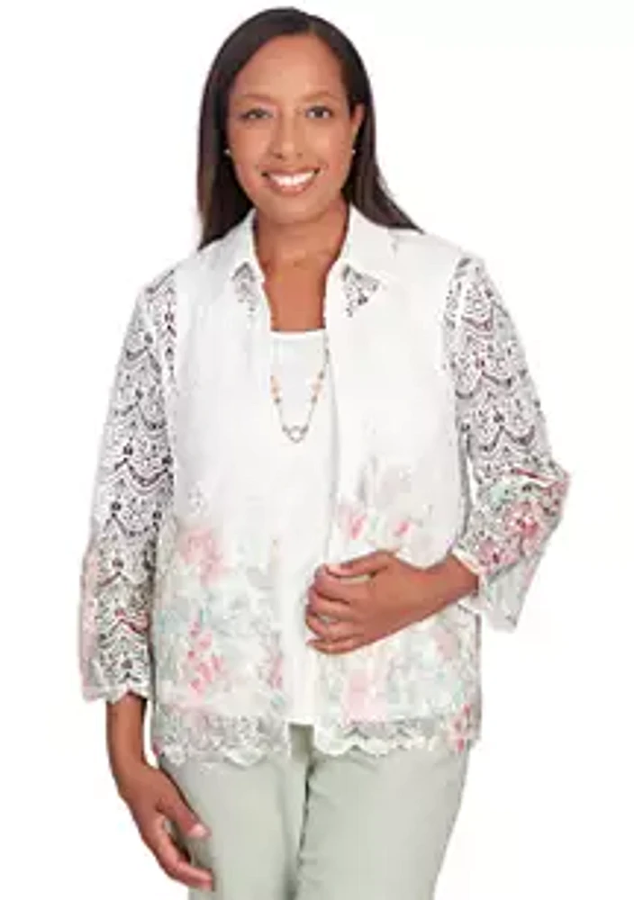 Alfred Dunner Women's English Garden Floral Broder Lace Two for One Top