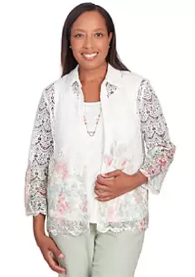 Alfred Dunner Women's English Garden Floral Broder Lace Two for One Top