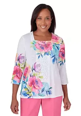 Alfred Dunner Women's Paradise Island Asymmetric Flower Center Lace Top