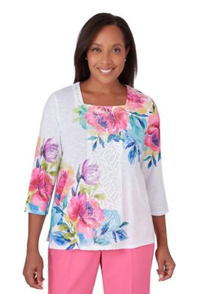 Petite Paradise Island Asymmetric Flower Center Lace Top