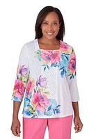 Petite Paradise Island Asymmetric Flower Center Lace Top