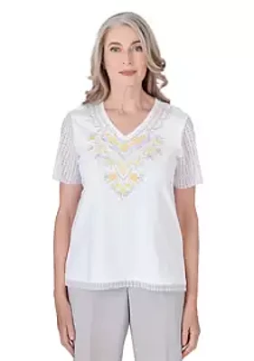 Alfred Dunner Women's Charleston Yoke Embroidery Lace Trim Top