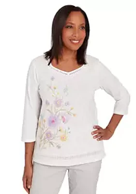 Alfred Dunner Women's Garden Party Floral Embroidery Top with Lace Inset
