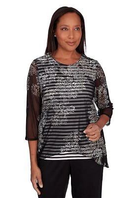 Petite Opposites Attract Flower Mesh Overlay Stripe Top