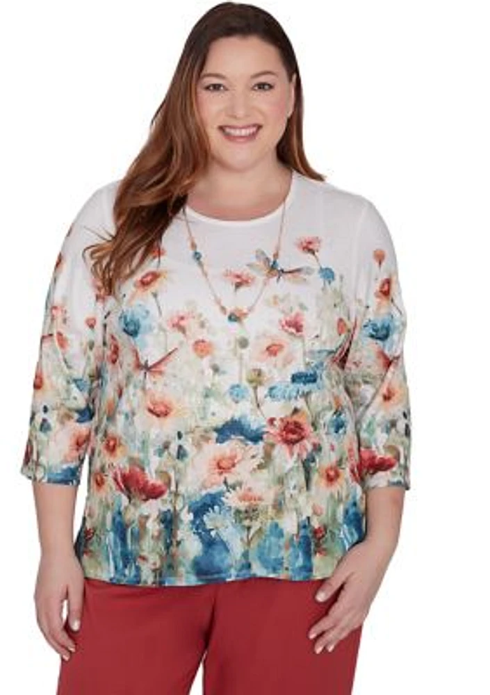 Plus Sedona Sky Floral Dragonfly Border Top