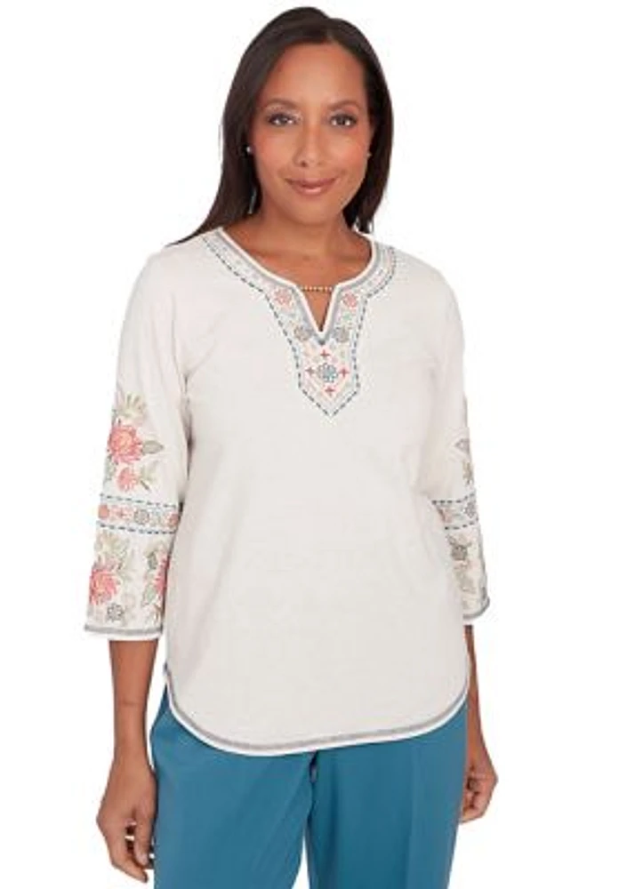 Petite Sedona Sky Embroidered Yoke and Sleeves Top