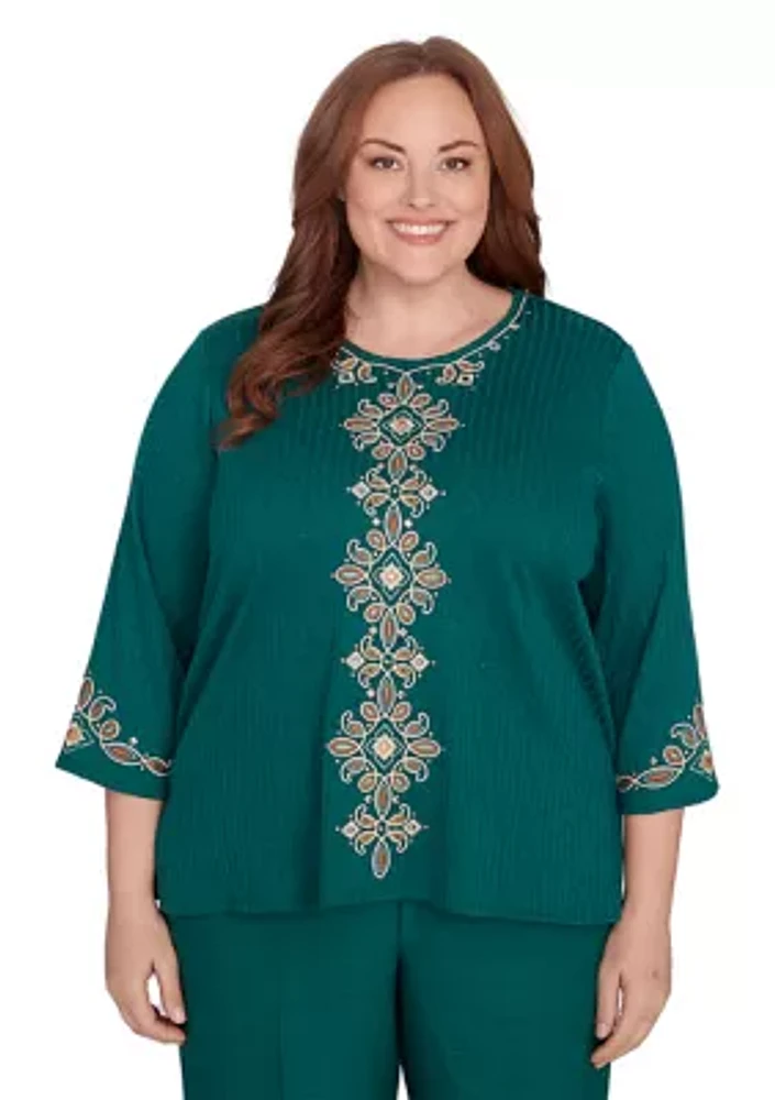 Plus Emerald Isle Center Medallion Embroidery Printed Top