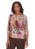 Women's Wine Country Feathers Lace Neck Top