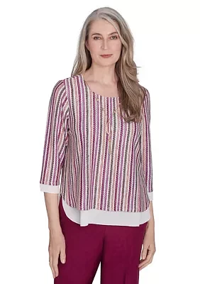 Women's Wine Country Stripe Metallic Textured Top with Woven Trim