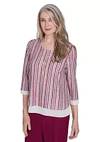 Women's Wine Country Stripe Metallic Textured Top with Woven Trim