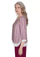 Women's Wine Country Stripe Metallic Textured Top with Woven Trim