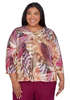 Plus Wine Country Feathers Lace Neck Top