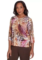 Petite Wine Country Feathers Lace Neck Top