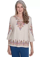 Women's Harvest Moon Medallion Embroidery Flutter Cuff Top