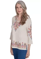 Women's Harvest Moon Medallion Embroidery Flutter Cuff Top