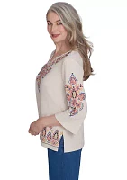 Women's Harvest Moon Medallion Embroidery Flutter Cuff Top