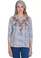 Women's Harvest Moon Texture Print with Paisley Floral Embroidery Top