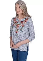 Women's Harvest Moon Texture Print with Paisley Floral Embroidery Top