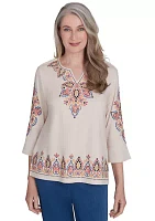 Petite Harvest Moon Medallion Embroidery Flutter Cuff Shirt