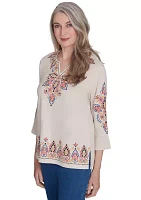 Petite Harvest Moon Medallion Embroidery Flutter Cuff Shirt