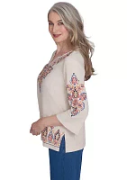 Petite Harvest Moon Medallion Embroidery Flutter Cuff Shirt