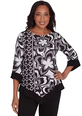 Women's Runway Ready Floral Geometric Top with Contrast Trim