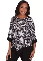 Women's Runway Ready Floral Geometric Top with Contrast Trim