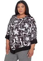 Plus Runway Ready Floral Geometric Top with Contrast Trim