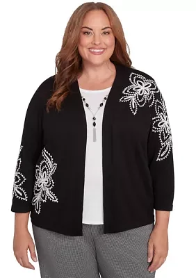 Plus Runway Ready Embroidered Outer Two One Cardigan and Tank