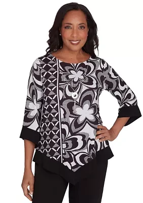 Petite Runway Ready Floral Geometric Top with Contrast Trim