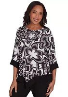 Petite Runway Ready Floral Geometric Top with Contrast Trim