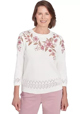 Petite Telluride Pointelle Border Floral Yoke Cotton/Acrylic Top