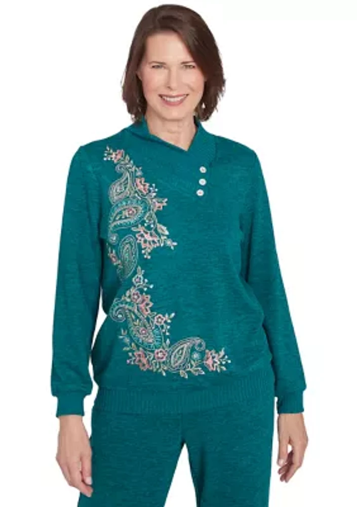 Women's French Quarter Paisley Embroidered Envelope Neck Sweater